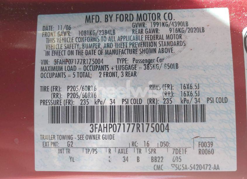Photo 9 of 2007 Ford Fusion SE (VIN 3FAHP07177R175004)