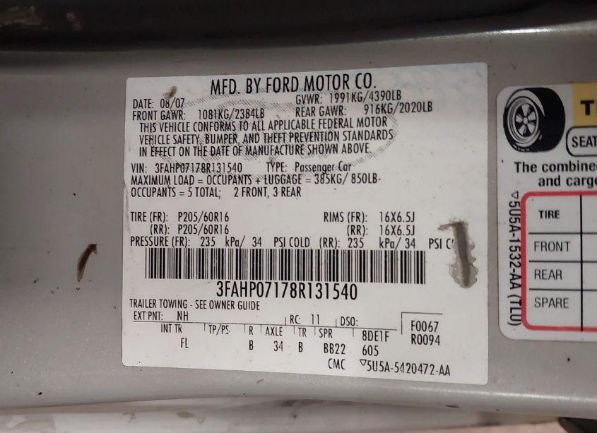 Photo 9 of 2008 Ford Fusion SE (VIN 3FAHP07178R131540)