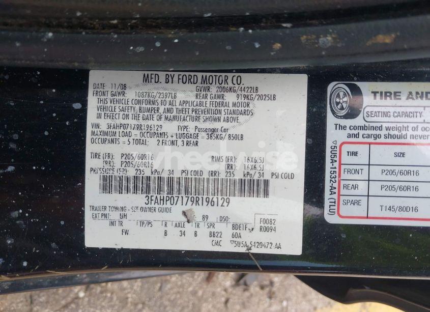 Photo 9 of 2009 Ford Fusion SE (VIN 3FAHP07179R196129)