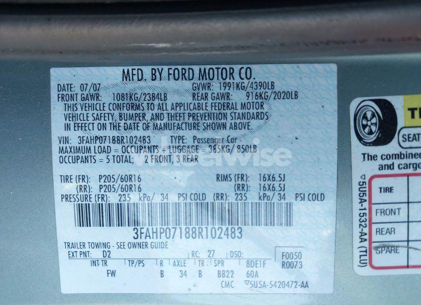 Photo 9 of 2008 Ford Fusion SE (VIN 3FAHP07188R102483)