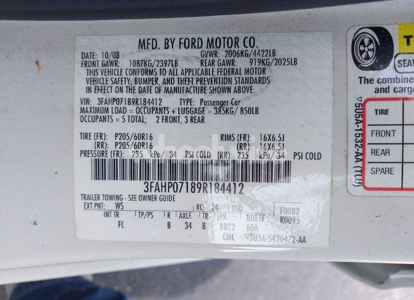Photo 9 of 2009 Ford Fusion SE (VIN 3FAHP07189R184412)
