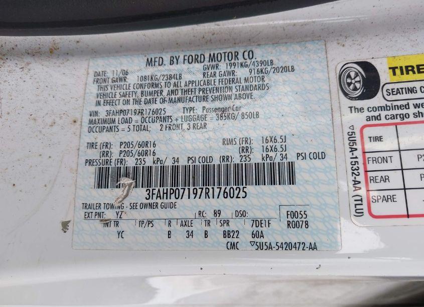 Photo 9 of 2007 Ford Fusion SE (VIN 3FAHP07197R176025)
