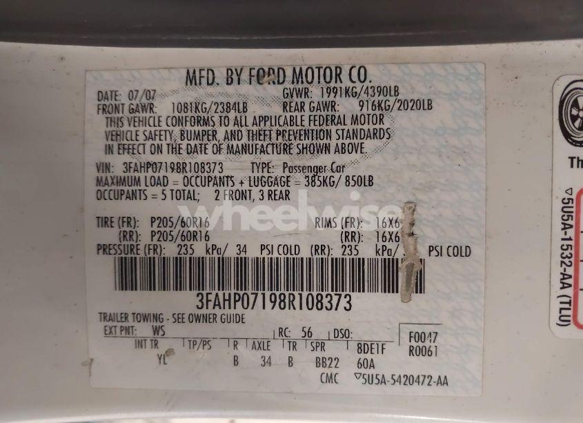 Photo 9 of 2008 Ford Fusion SE (VIN 3FAHP07198R108373)