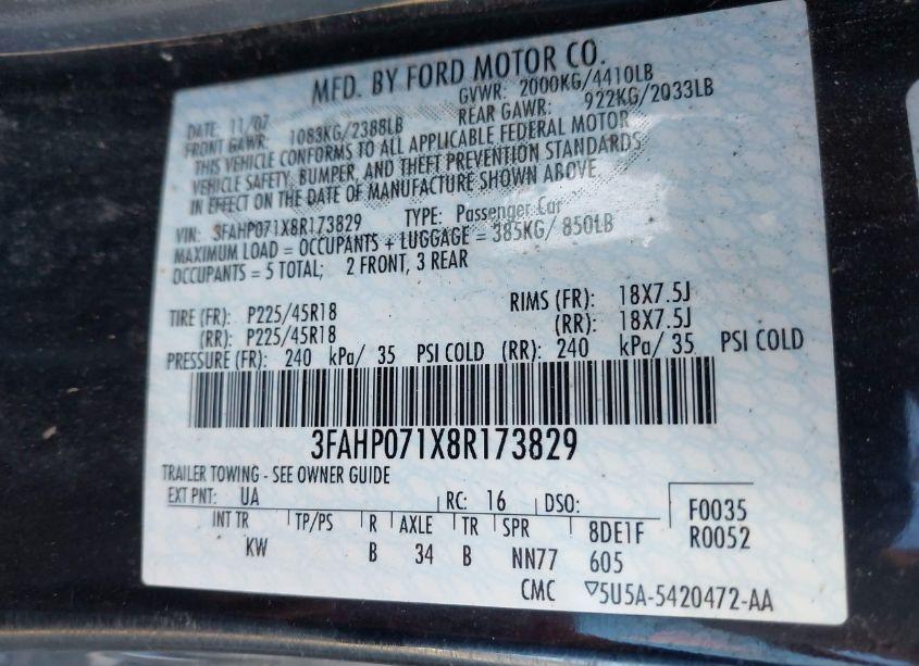 Photo 9 of 2008 Ford Fusion SE (VIN 3FAHP071X8R173829)