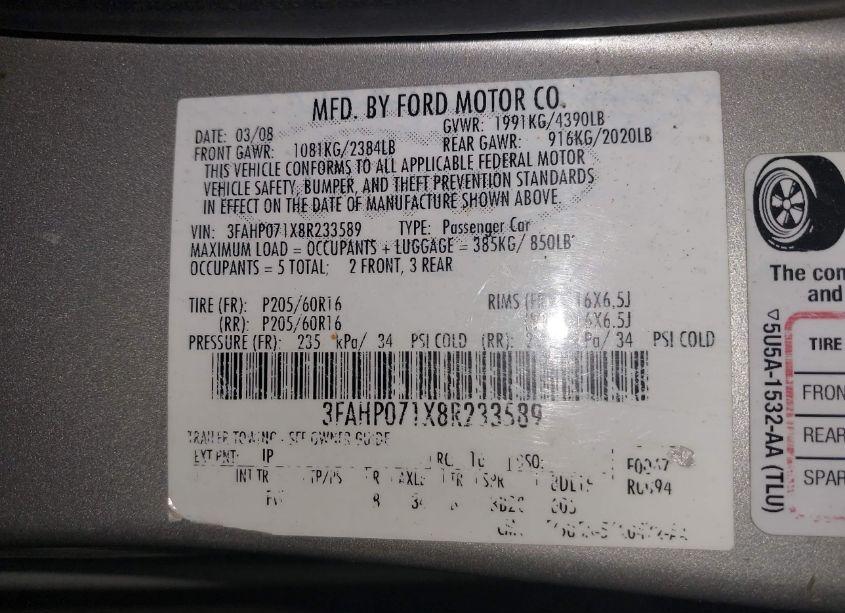 Photo 9 of 2008 Ford Fusion SE (VIN 3FAHP071X8R233589)