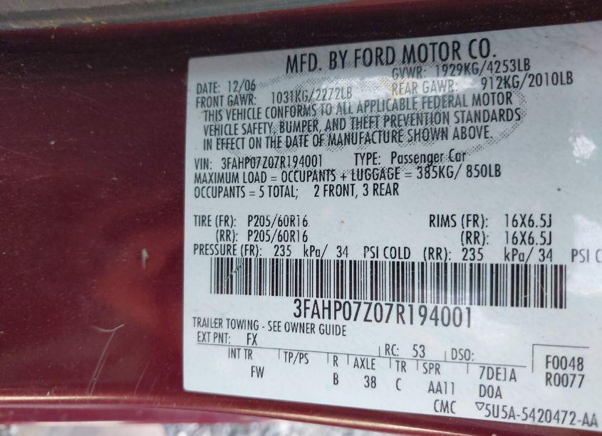 Photo 9 of 2007 Ford Fusion SE (VIN 3FAHP07Z07R194001)