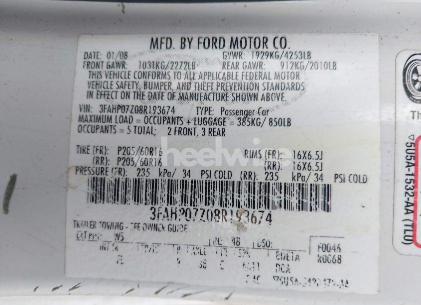 Photo 9 of 2008 Ford Fusion SE (VIN 3FAHP07Z08R193674)