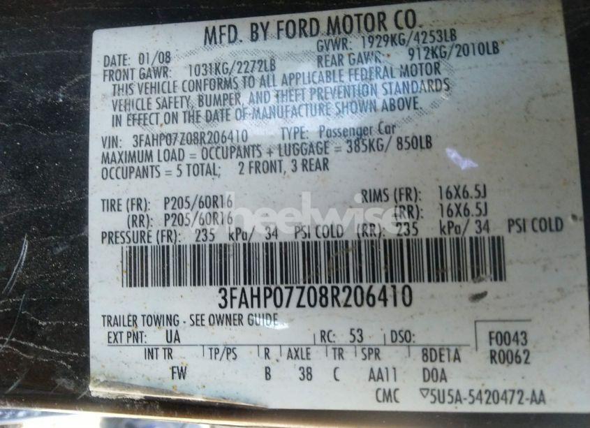 Photo 9 of 2008 Ford Fusion SE (VIN 3FAHP07Z08R206410)
