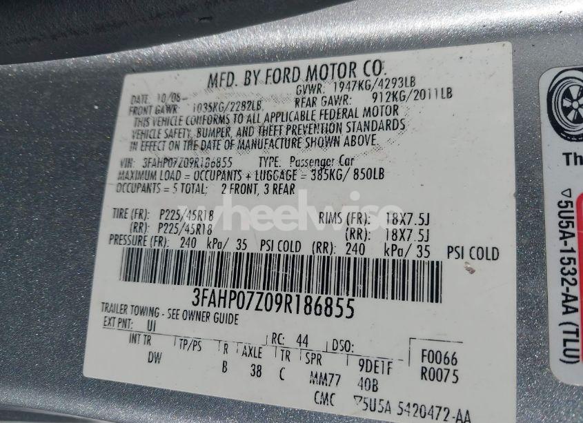 Photo 9 of 2009 Ford Fusion SE (VIN 3FAHP07Z09R186855)