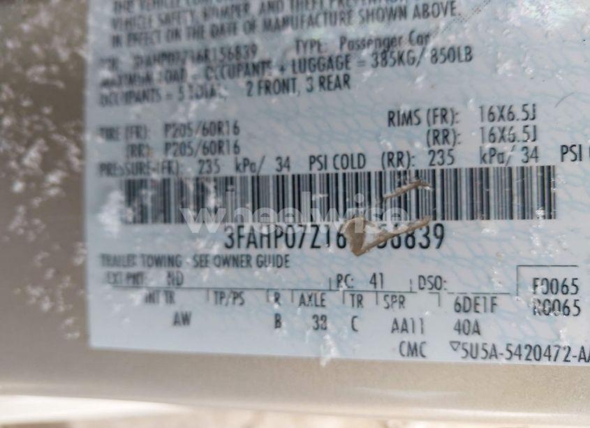 Photo 9 of 2006 Ford Fusion SE (VIN 3FAHP07Z16R156839)