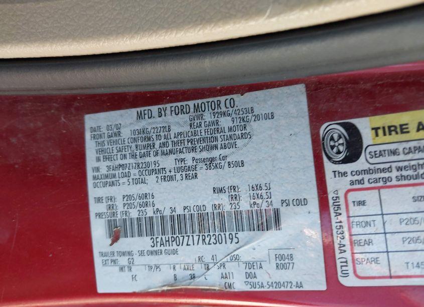 Photo 9 of 2007 Ford Fusion SE (VIN 3FAHP07Z17R230195)