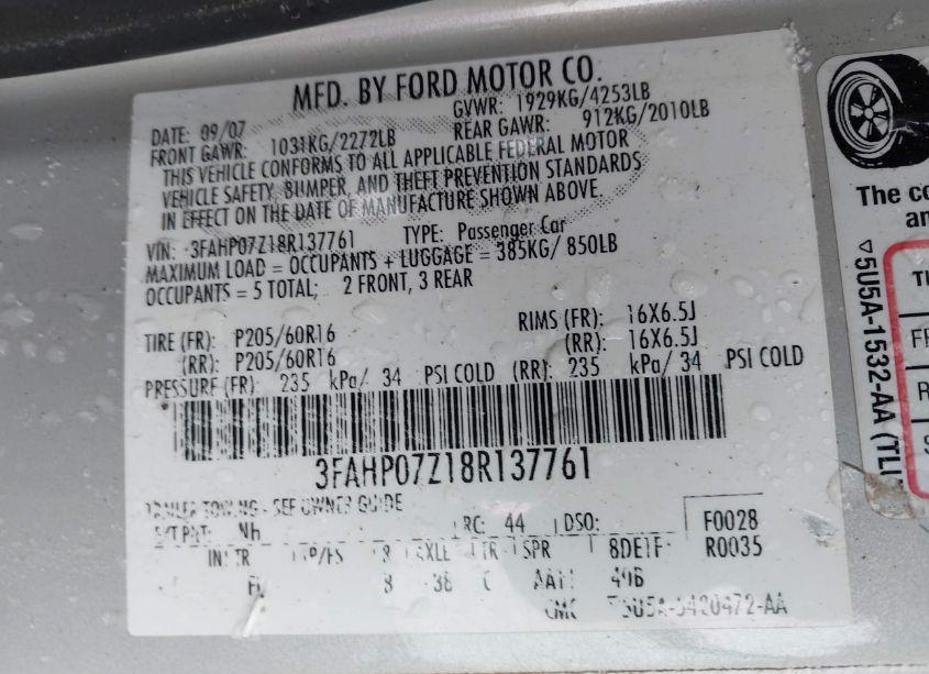 Photo 9 of 2008 Ford Fusion SE (VIN 3FAHP07Z18R137761)