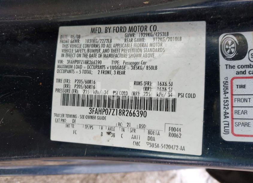 Photo 9 of 2008 Ford Fusion SE (VIN 3FAHP07Z18R266390)