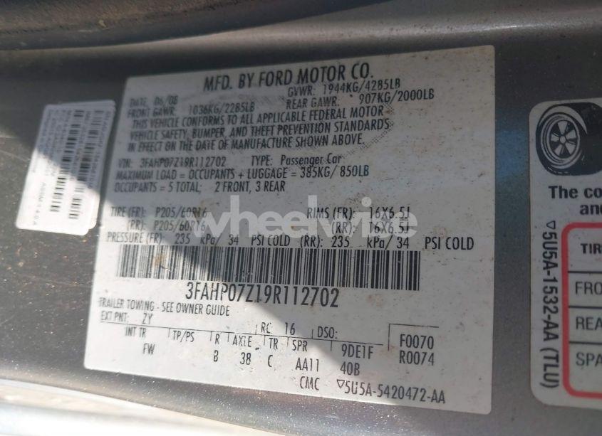 Photo 9 of 2009 Ford Fusion SE (VIN 3FAHP07Z19R112702)