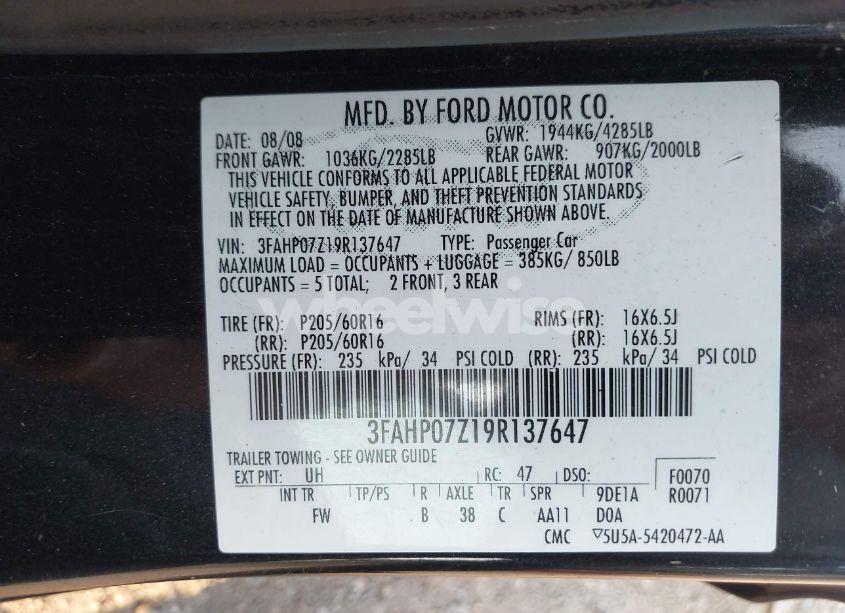 Photo 9 of 2009 Ford Fusion SE (VIN 3FAHP07Z19R137647)
