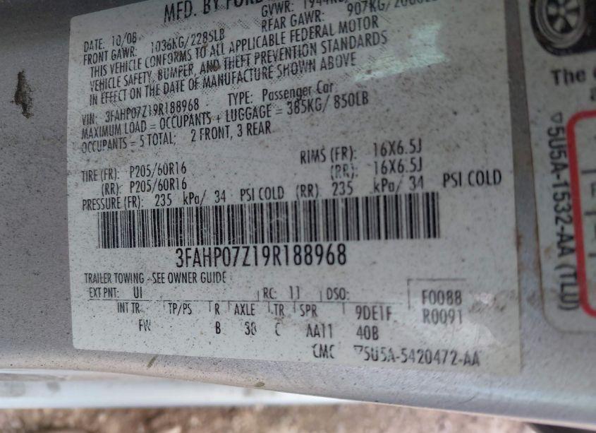 Photo 8 of 2009 Ford Fusion SE (VIN 3FAHP07Z19R188968)