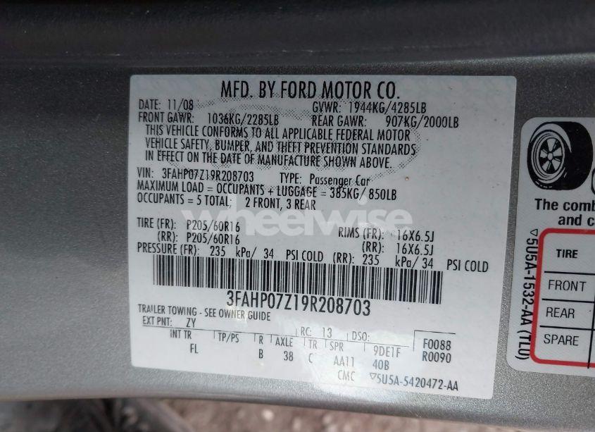 Photo 9 of 2009 Ford Fusion SE (VIN 3FAHP07Z19R208703)