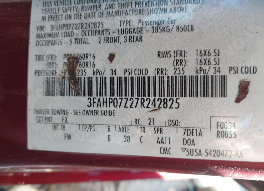 Photo 9 of 2007 Ford Fusion SE (VIN 3FAHP07Z27R242825)
