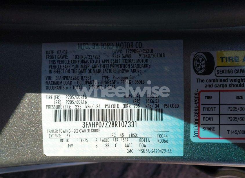 Photo 9 of 2008 Ford Fusion SE (VIN 3FAHP07Z28R107331)