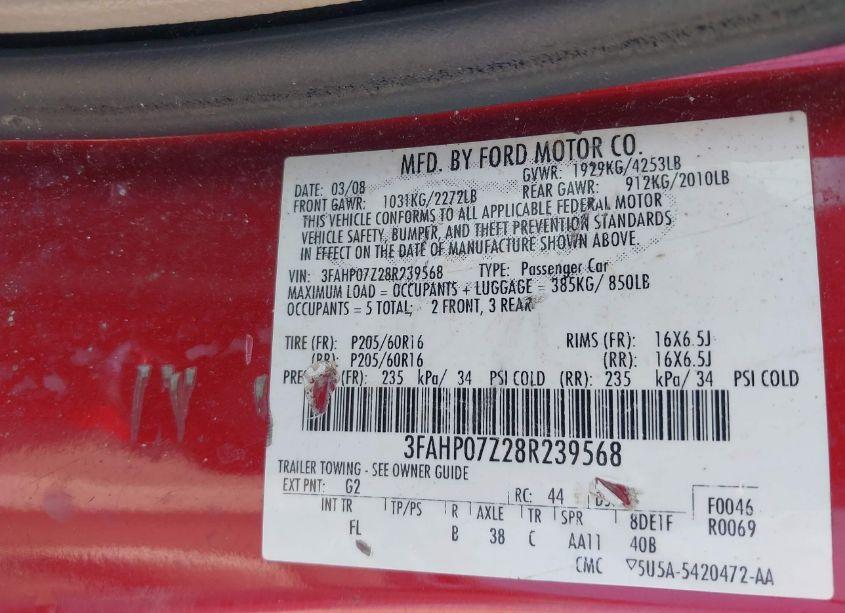 Photo 9 of 2008 Ford Fusion SE (VIN 3FAHP07Z28R239568)