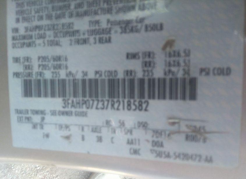 Photo 9 of 2007 Ford Fusion SE (VIN 3FAHP07Z37R218582)
