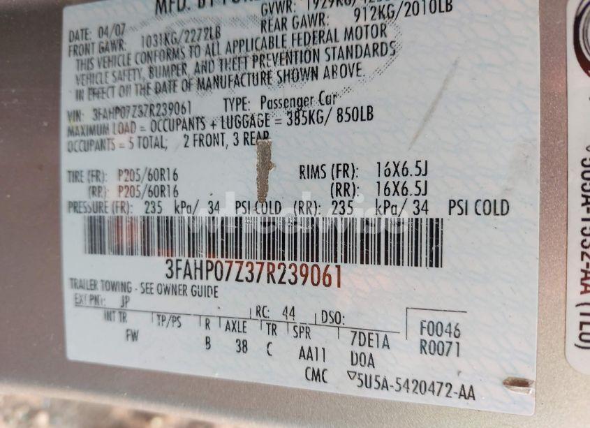 Photo 9 of 2007 Ford Fusion SE (VIN 3FAHP07Z37R239061)