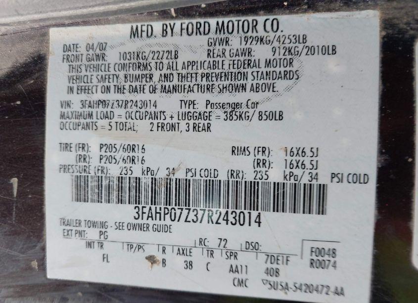 Photo 9 of 2007 Ford Fusion SE (VIN 3FAHP07Z37R243014)