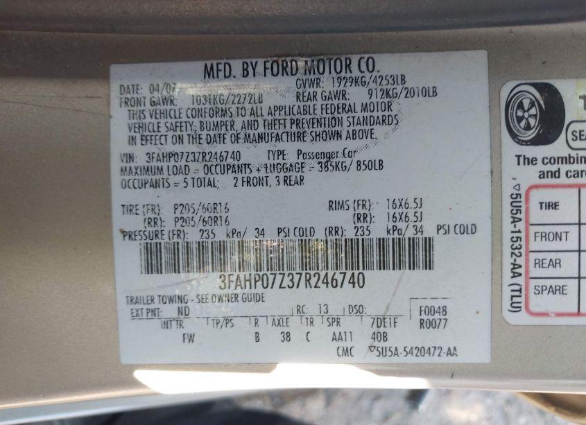 Photo 9 of 2007 Ford Fusion SE (VIN 3FAHP07Z37R246740)