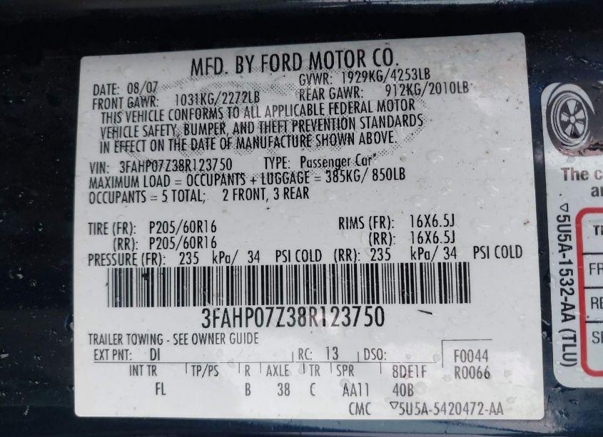 Photo 9 of 2008 Ford Fusion SE (VIN 3FAHP07Z38R123750)