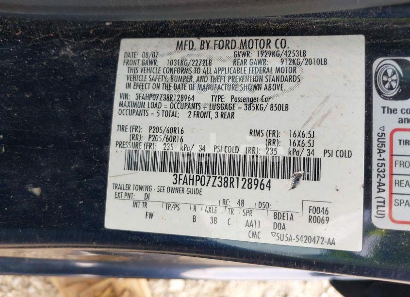 Photo 9 of 2008 Ford Fusion SE (VIN 3FAHP07Z38R128964)