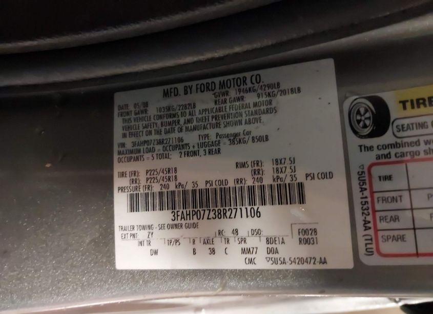 Photo 9 of 2008 Ford Fusion SE (VIN 3FAHP07Z38R271106)
