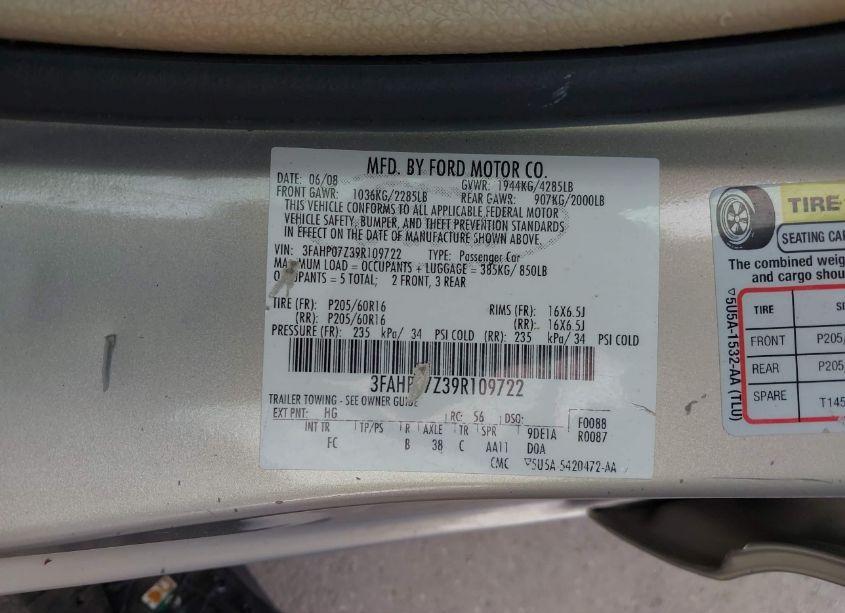 Photo 9 of 2009 Ford Fusion SE (VIN 3FAHP07Z39R109722)