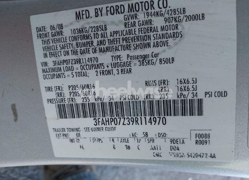 Photo 9 of 2009 Ford Fusion SE (VIN 3FAHP07Z39R114970)