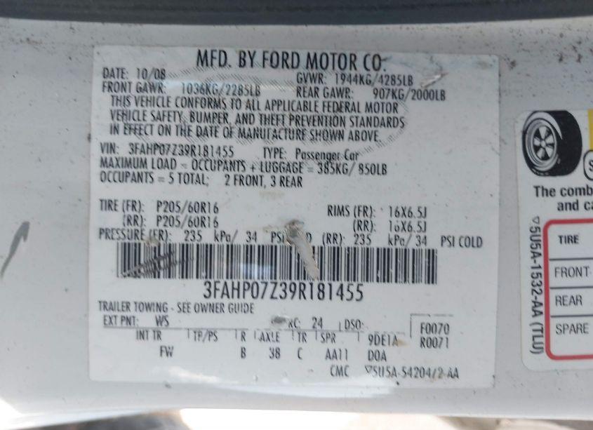 Photo 9 of 2009 Ford Fusion SE (VIN 3FAHP07Z39R181455)