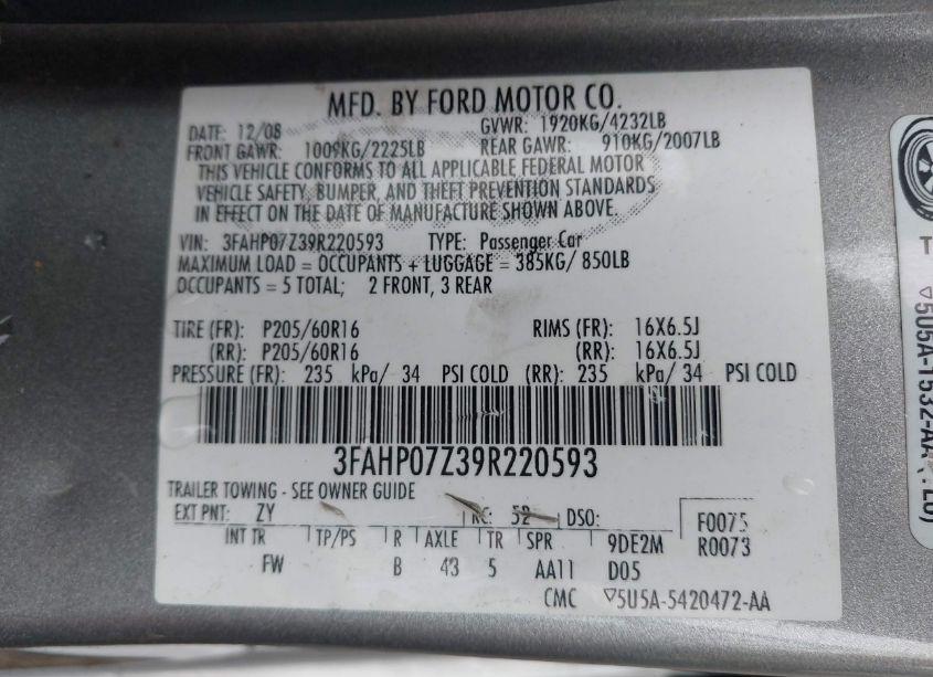 Photo 9 of 2009 Ford Fusion SE (VIN 3FAHP07Z39R220593)