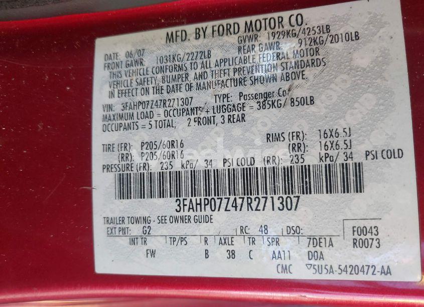 Photo 9 of 2007 Ford Fusion SE (VIN 3FAHP07Z47R271307)