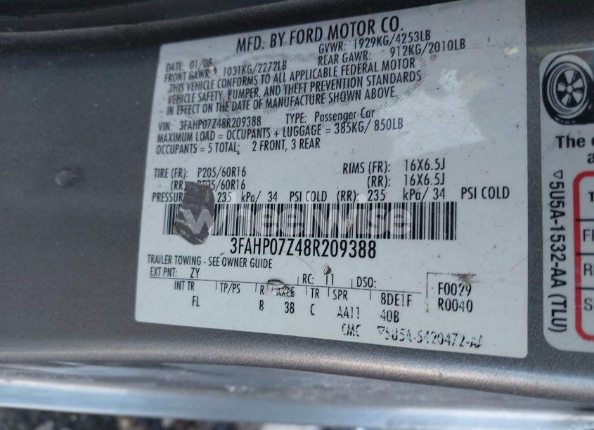 Photo 9 of 2008 Ford Fusion SE (VIN 3FAHP07Z48R209388)