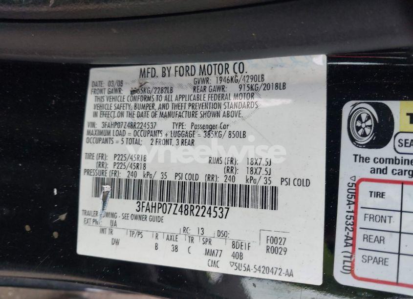 Photo 9 of 2008 Ford Fusion SE (VIN 3FAHP07Z48R224537)