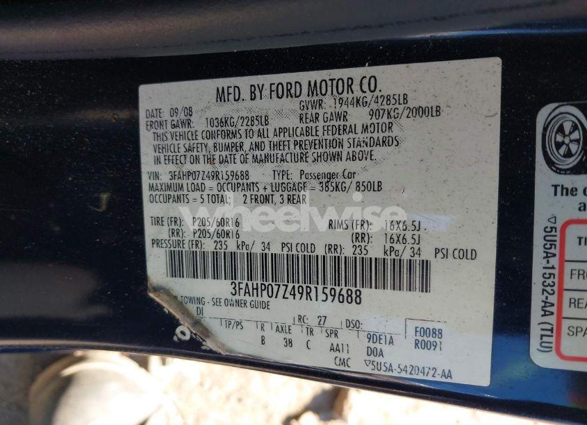 Photo 9 of 2009 Ford Fusion SE (VIN 3FAHP07Z49R159688)