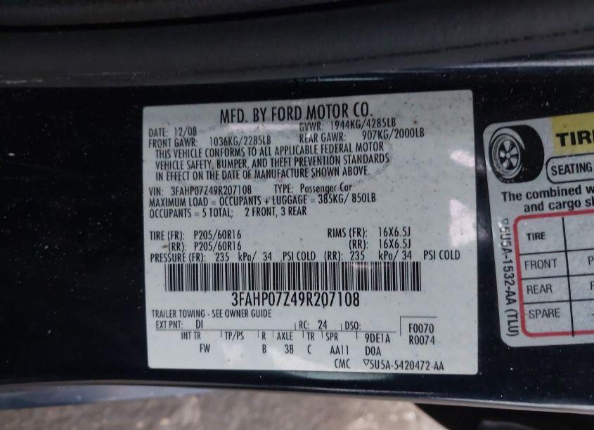 Photo 9 of 2009 Ford Fusion SE (VIN 3FAHP07Z49R207108)