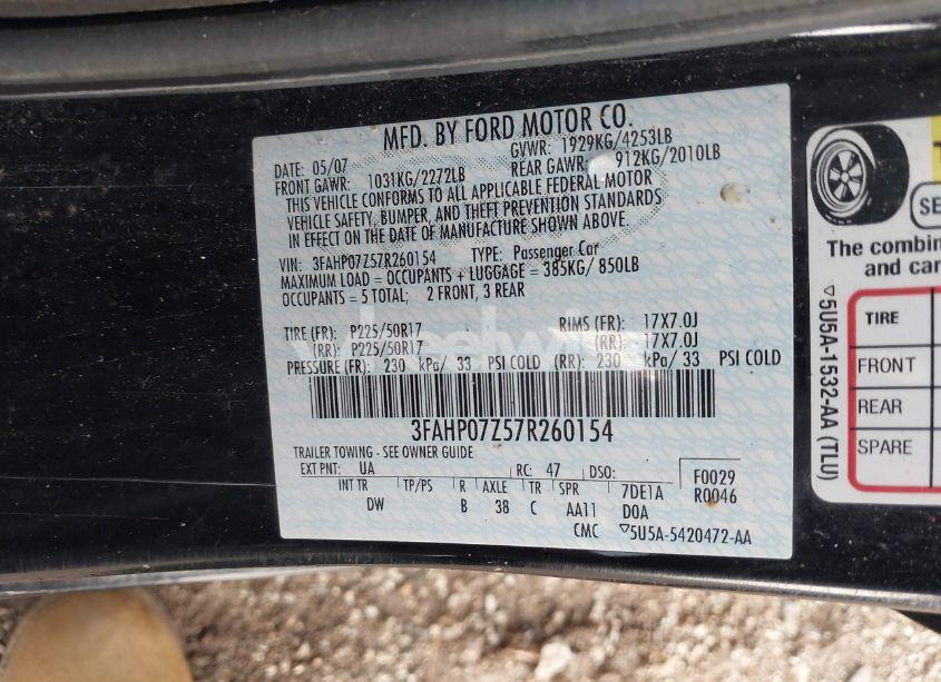 Photo 9 of 2007 Ford Fusion SE (VIN 3FAHP07Z57R260154)