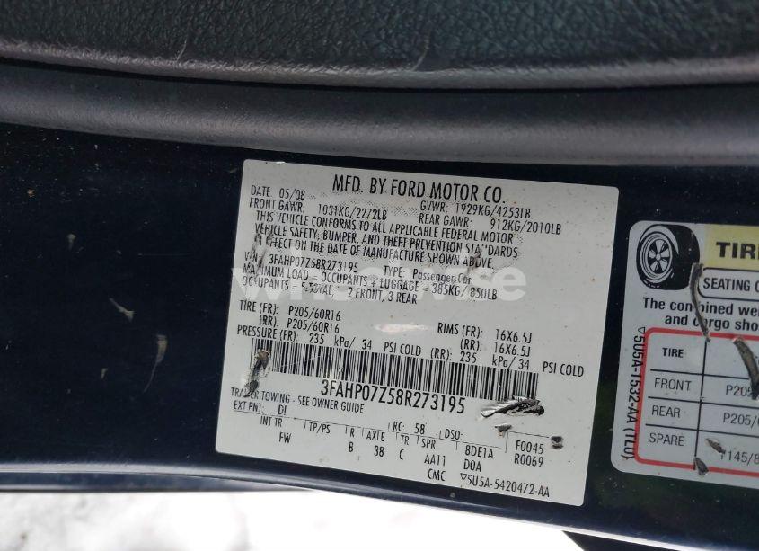 Photo 9 of 2008 Ford Fusion SE (VIN 3FAHP07Z58R273195)
