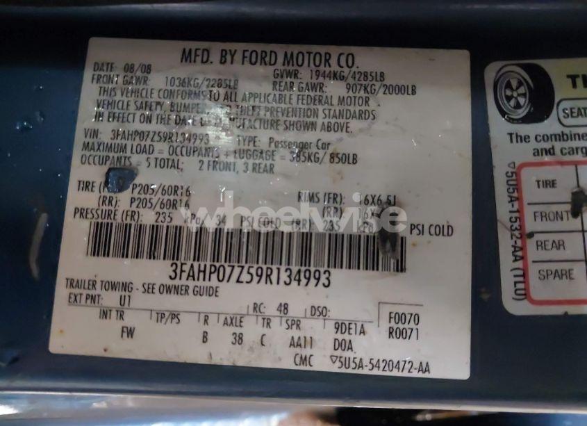 Photo 9 of 2009 Ford Fusion SE (VIN 3FAHP07Z59R134993)