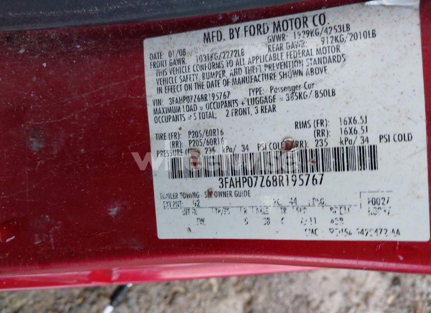 Photo 9 of 2008 Ford Fusion SE (VIN 3FAHP07Z68R195767)
