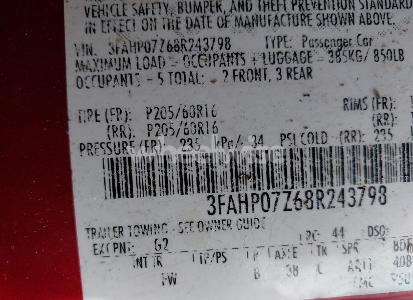 Photo 9 of 2008 Ford Fusion SE (VIN 3FAHP07Z68R243798)