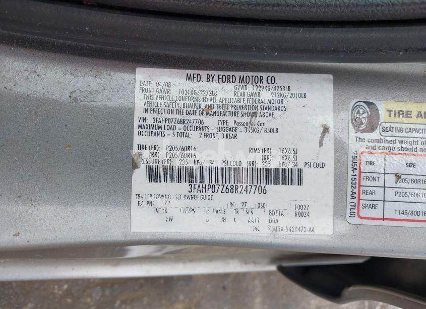 Photo 9 of 2008 Ford Fusion SE (VIN 3FAHP07Z68R247706)