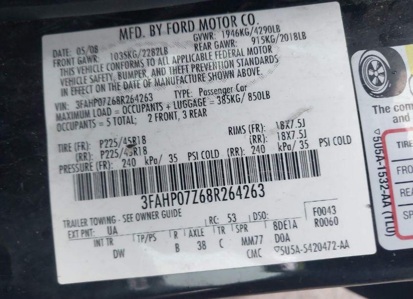 Photo 9 of 2008 Ford Fusion SE (VIN 3FAHP07Z68R264263)