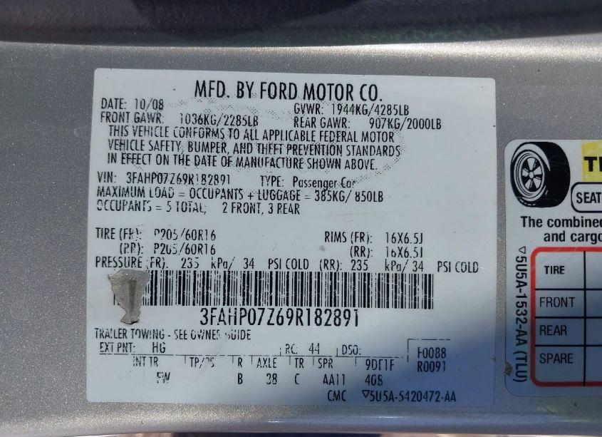 Photo 9 of 2009 Ford Fusion SE (VIN 3FAHP07Z69R182891)