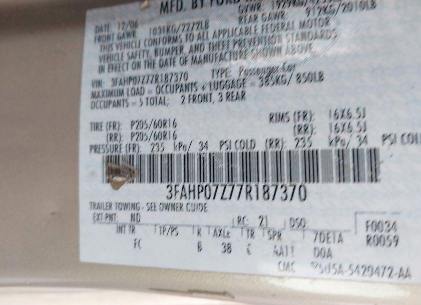 Photo 9 of 2007 Ford Fusion SE (VIN 3FAHP07Z77R187370)