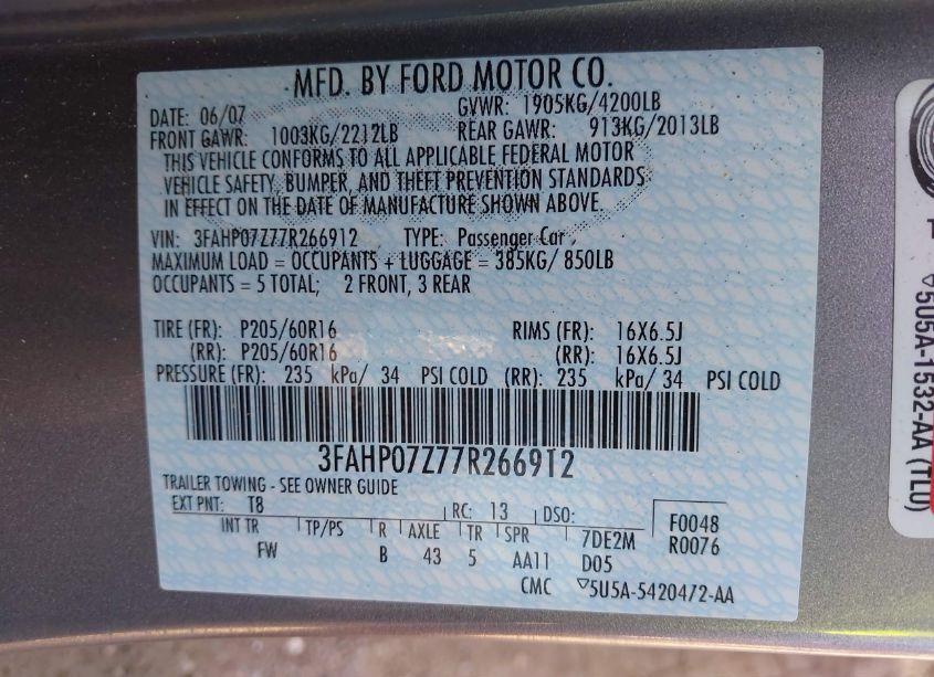 Photo 9 of 2007 Ford Fusion SE (VIN 3FAHP07Z77R266912)